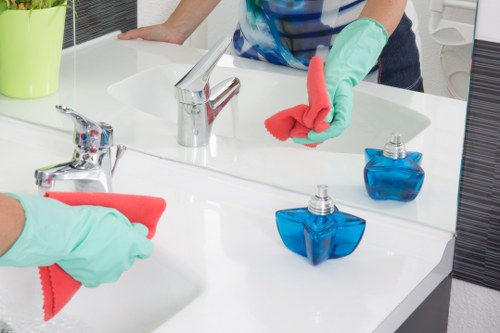 Cleaner using safe equipment for upper-floor windows in Camberwell